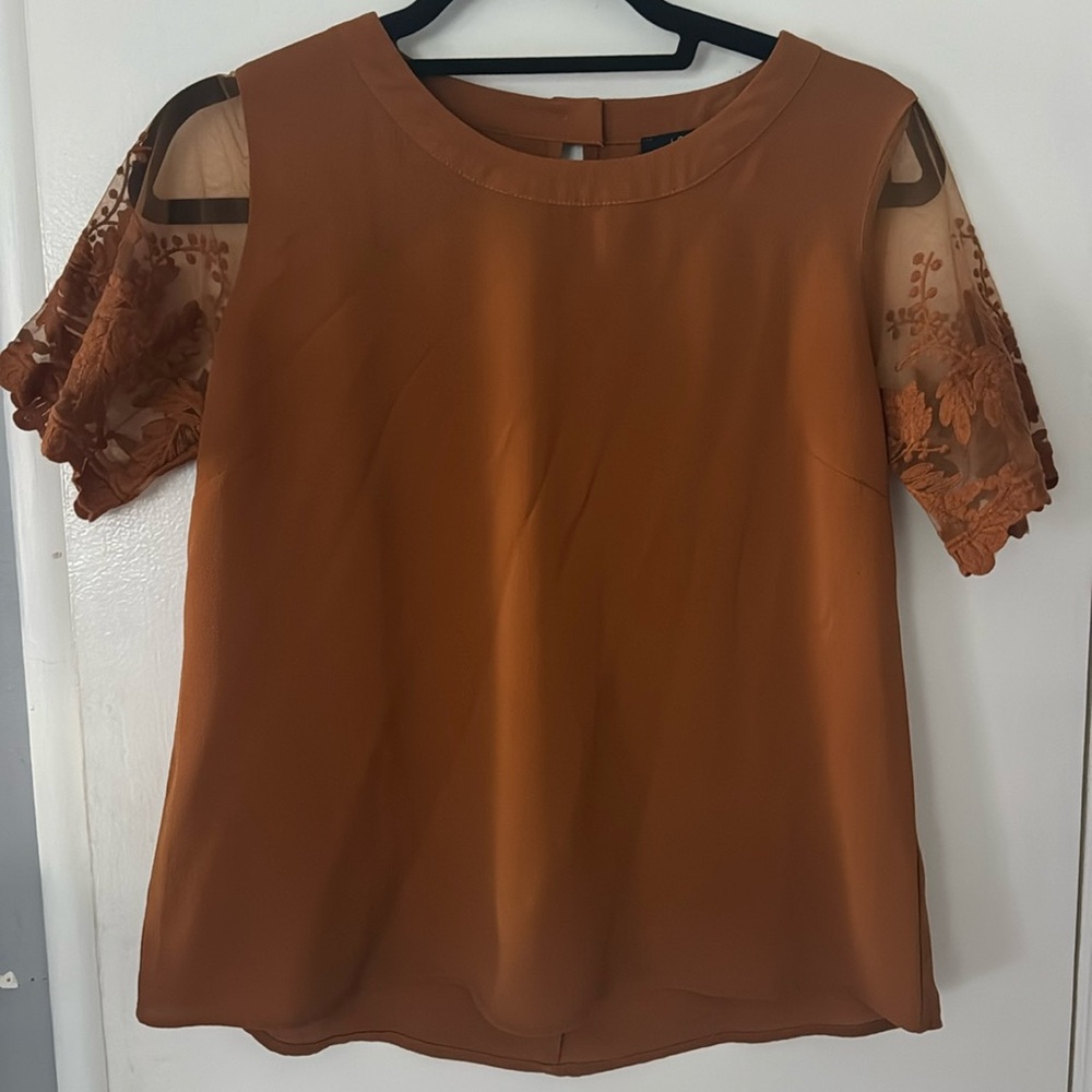 Light brown mesh shoulder top.
